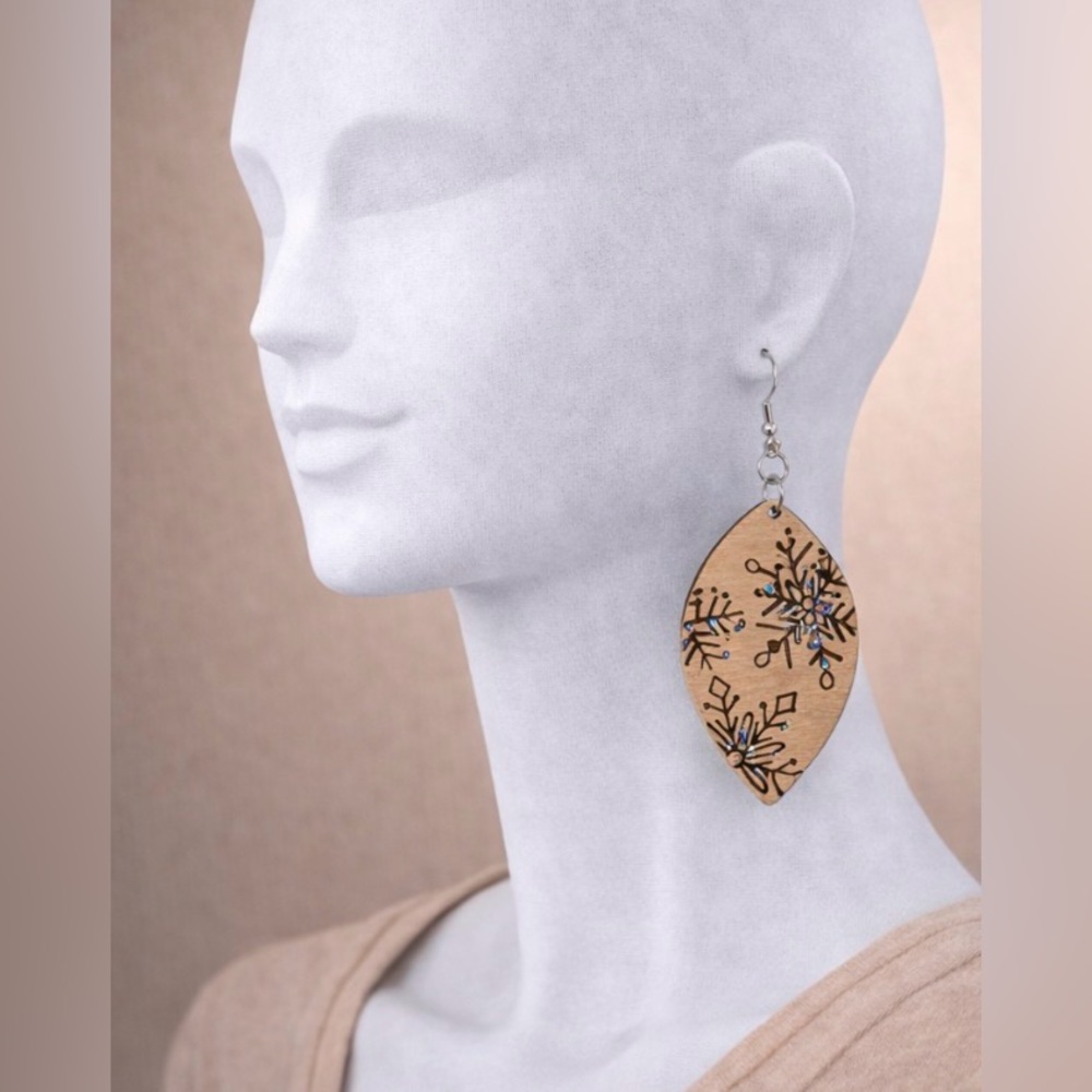Engraved Wooden Snowflake Earrings Blue Sparkle Winter Artisan Dangle Statement - Picture 2 of 10